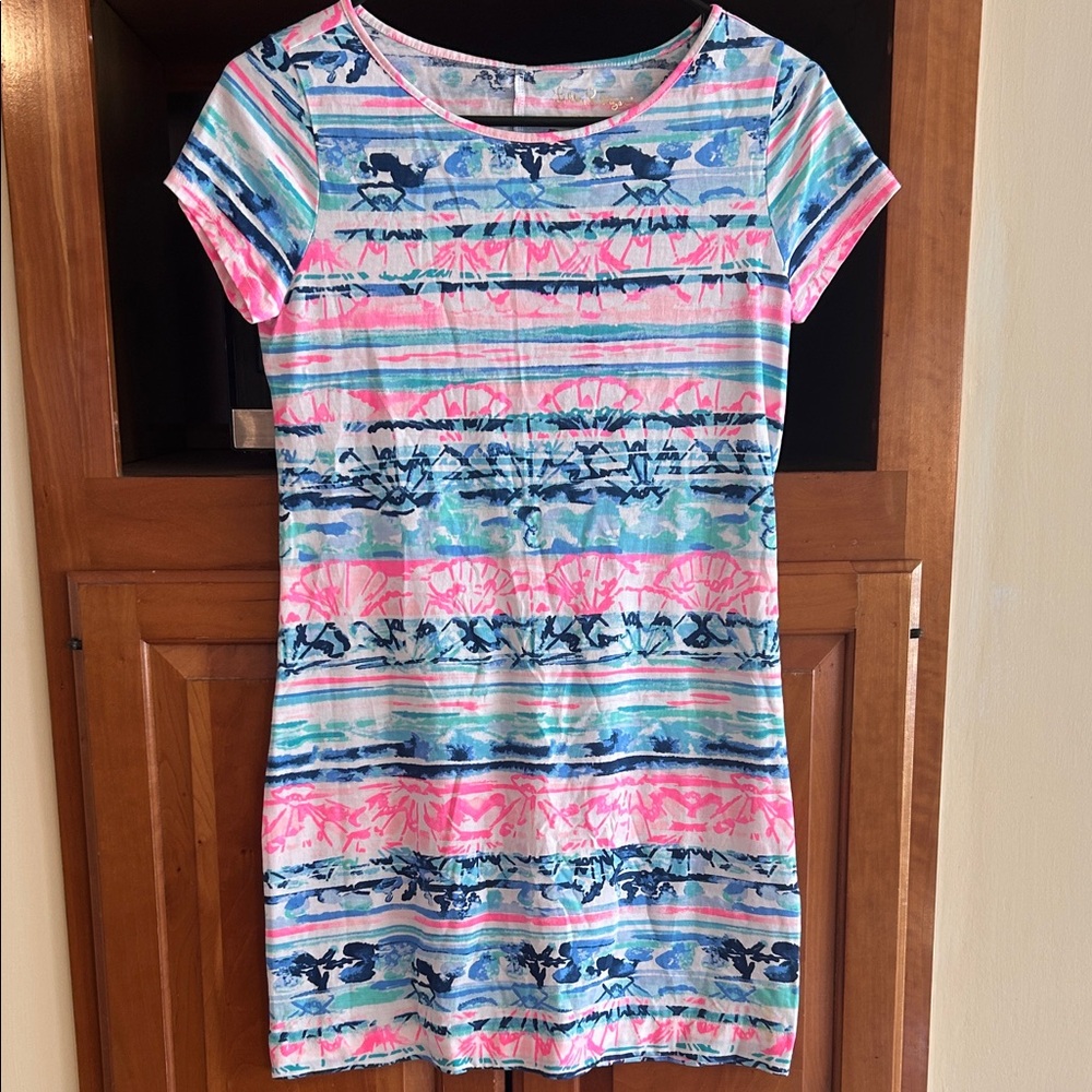 Lilly Pulitzer Pink Blue Green Striped Floral Tee Dress